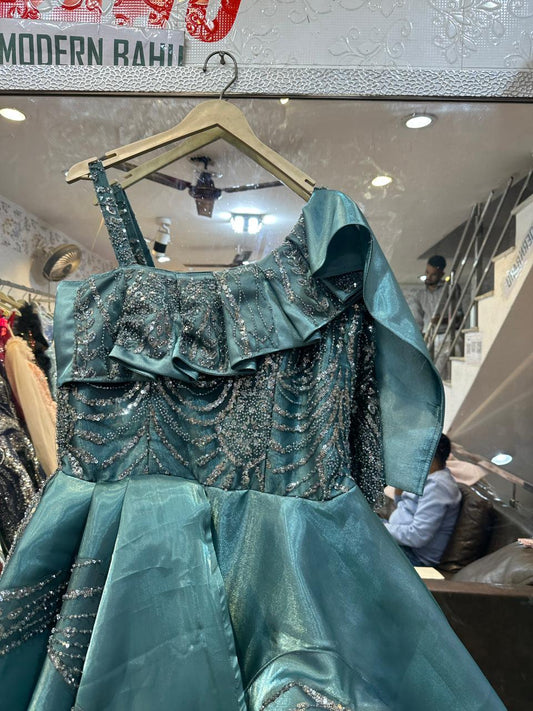 Teal Green One-Shoulder Ruffle Ball Gown – Sequin Embroidered Asymmetric Evening Dress