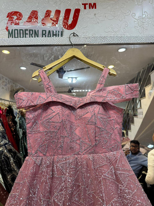 Dusty Pink Geometric Glitter Ball Gown – Cold Shoulder Party Dress with Abstract Triangle Sequin Work