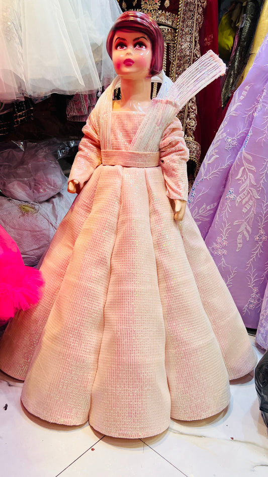 Peach Pink Checkered Sequin Embellished Ball Gown – Designer Party Wear Dress