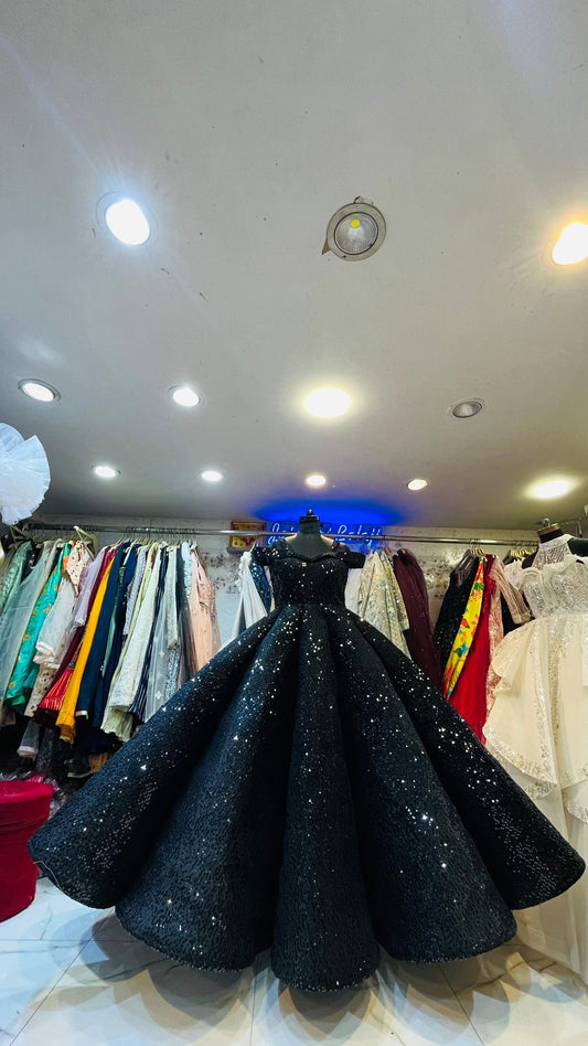 Dramatic Black Sequin Ball Gown with Off-Shoulder Neckline & Voluminous Pleated Skirt – Gala & Reception Wear