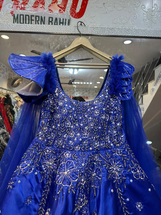 Royal Blue Ruffled Wing Cape Gown – Floral Sequin Satin Ball Gown for Wedding Party