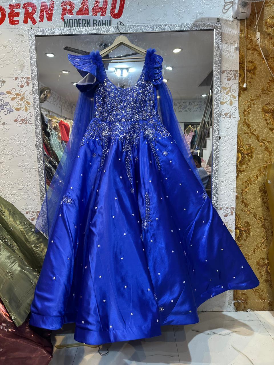 Royal Blue Ruffled Wing Cape Gown – Floral Sequin Satin Ball Gown for Wedding Party
