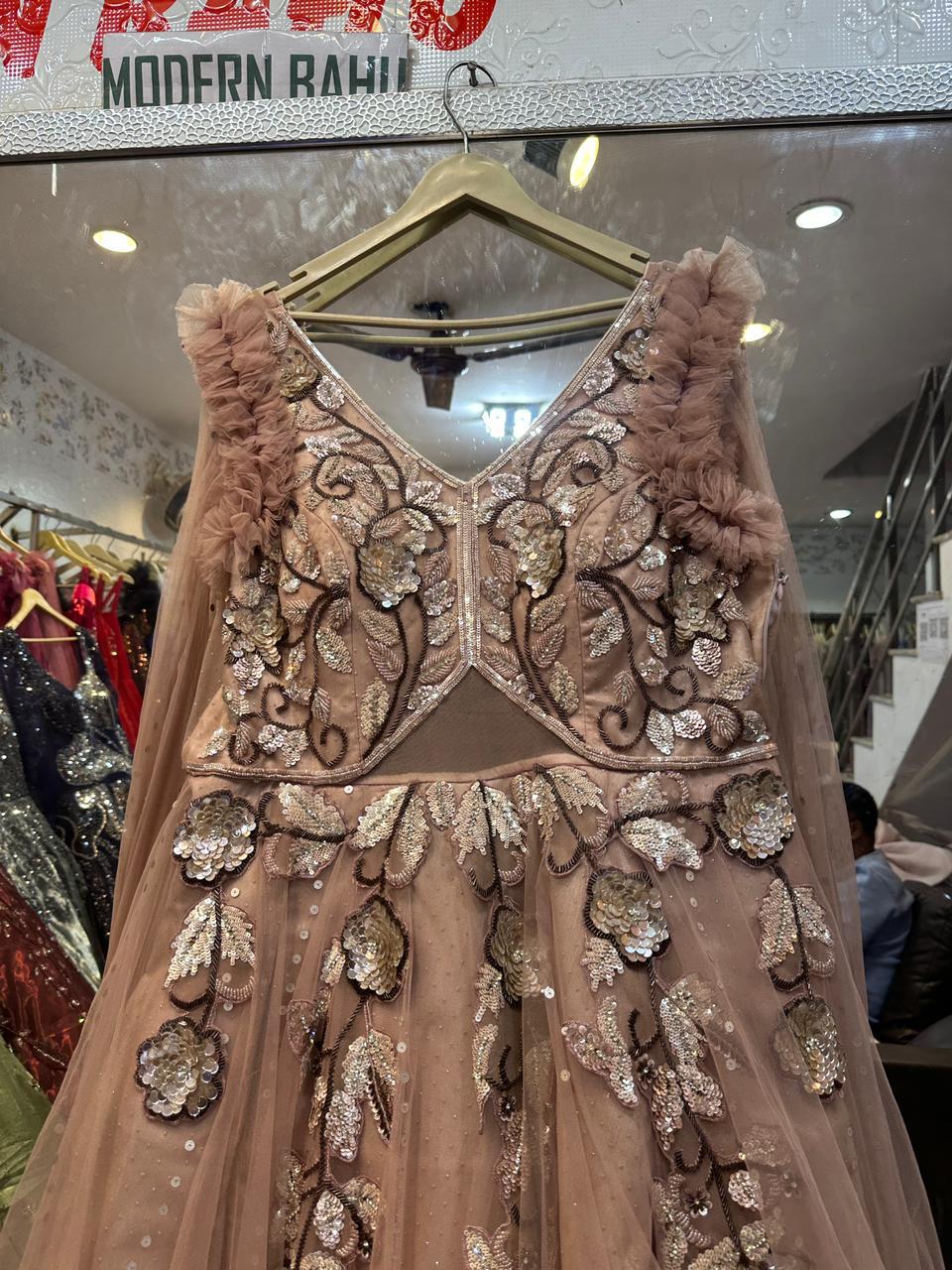 Dusty Pink Floral Sequin Ball Gown – Ruffled Strap V-Neck Party Dress with Sheer Waist Detail