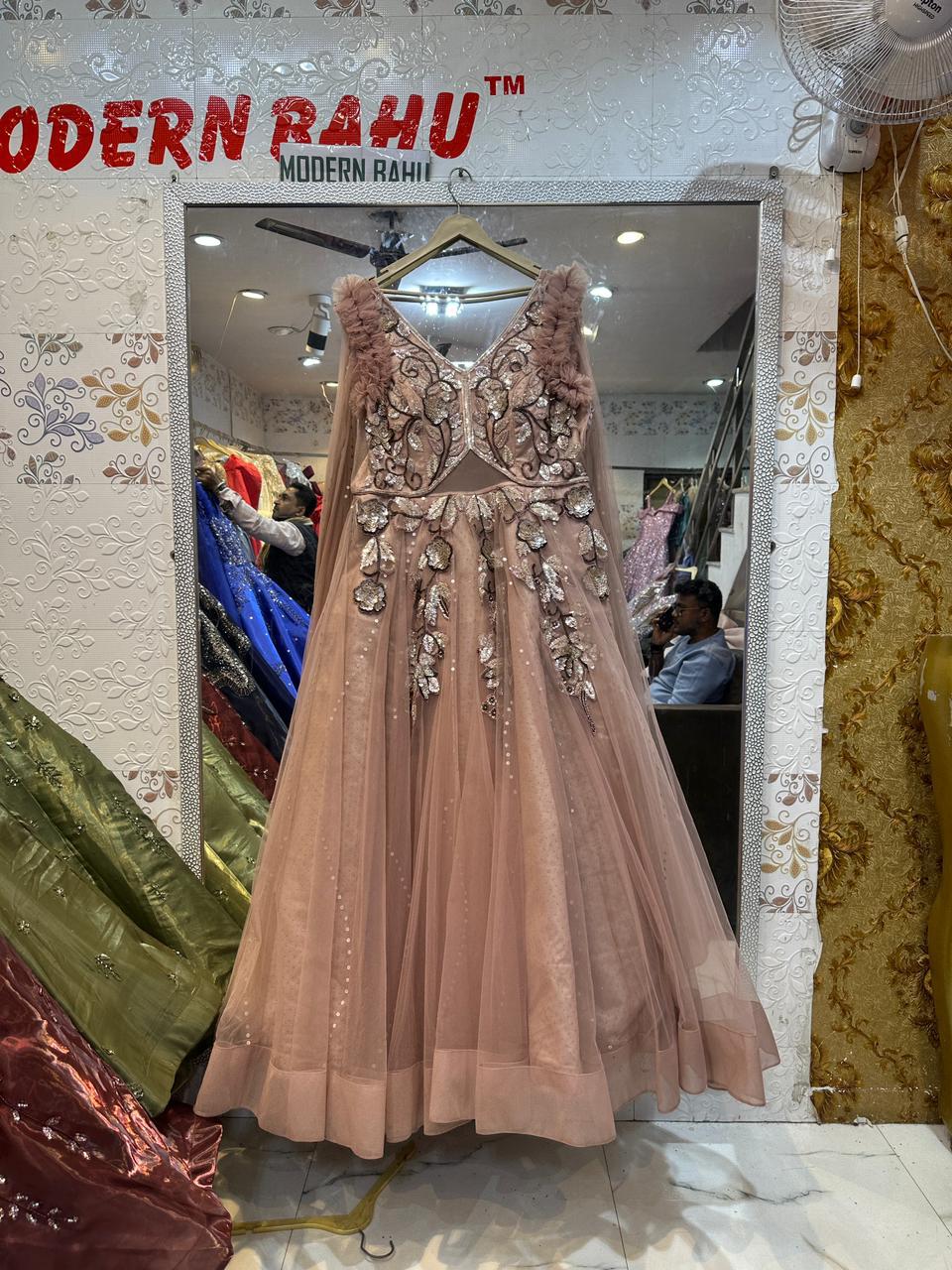 Dusty Pink Floral Sequin Ball Gown – Ruffled Strap V-Neck Party Dress with Sheer Waist Detail