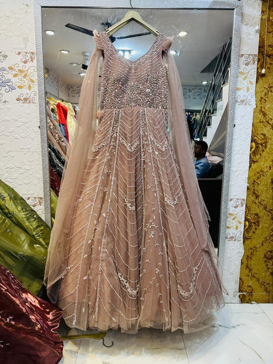 Dusty Pink Chevron Sequin Ball Gown – V-Neck Ruffled Cape Sleeve Evening Dress