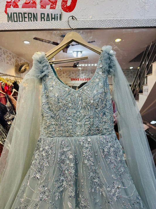 Powder Blue Floral Sequin Ball Gown – Ruffled Shoulder Cape Sleeve Party Dress with Vine Embroidery