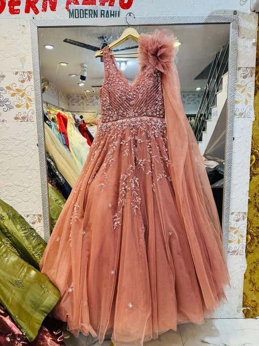 Tea Rose Pink 3D Flower Shoulder Ball Gown – V-Neck Sequin Embroidered Party Dress with Long Cape