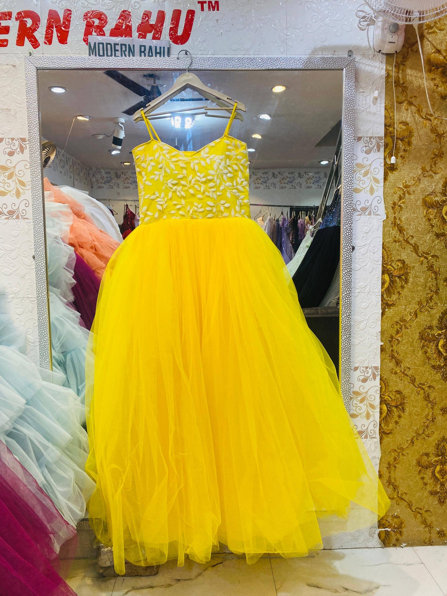 Radiant Yellow Tulle Gown with White Leaf Embroidery – Spaghetti Strap Haldi & Party Wear