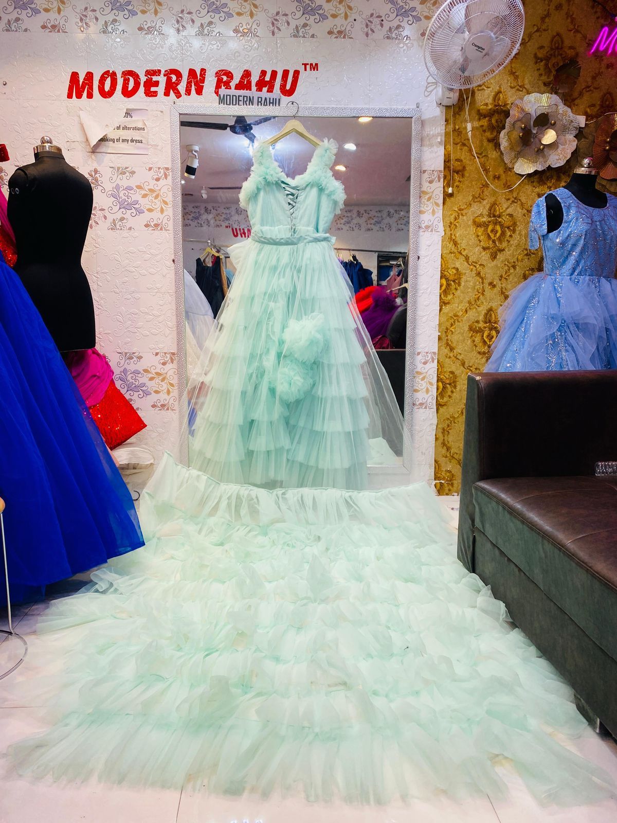 Dramatic Mint Green Long Tail Ruffled Ball Gown – Party Wear