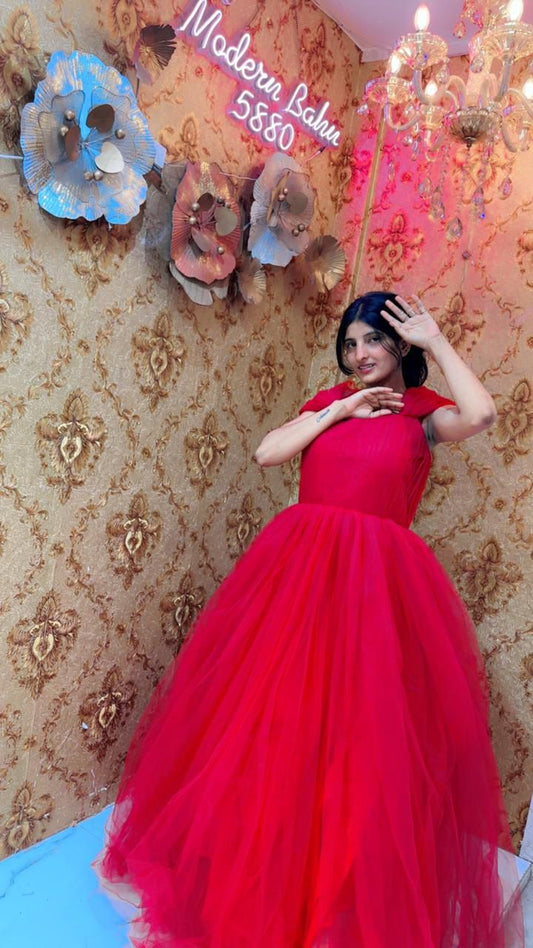 Stunning Bright Red Tulle Ball Gown with Ruffled Shoulder Straps – Party Wear