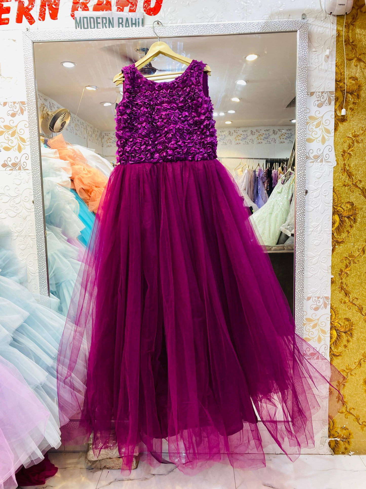 Enchanting Purple 3D Rosette Tulle Gown – Sleeveless Birthday & Party Wear