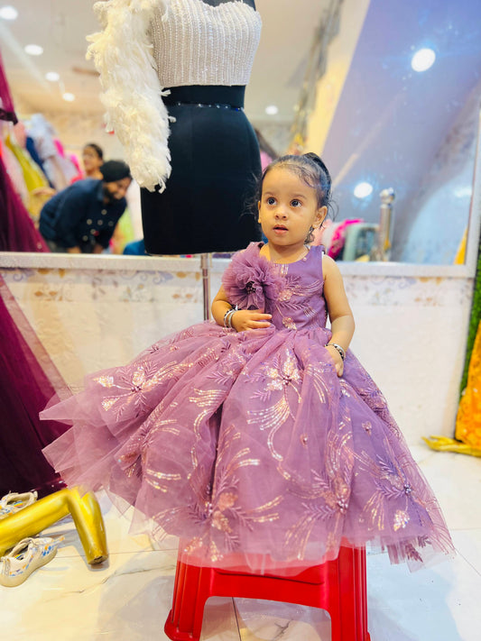 Lavender Purple Sequin Embroidered Princess Frock – Kids Party Wear Ball Gown