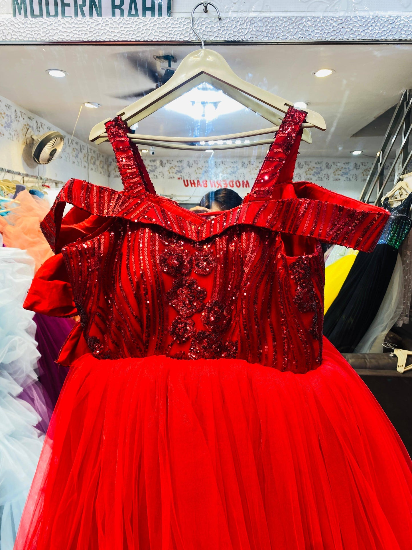 Glamorous Red Sequin Embellished Gown with Pleated Tulle Skirt – Cold Shoulder Evening & Party Wear