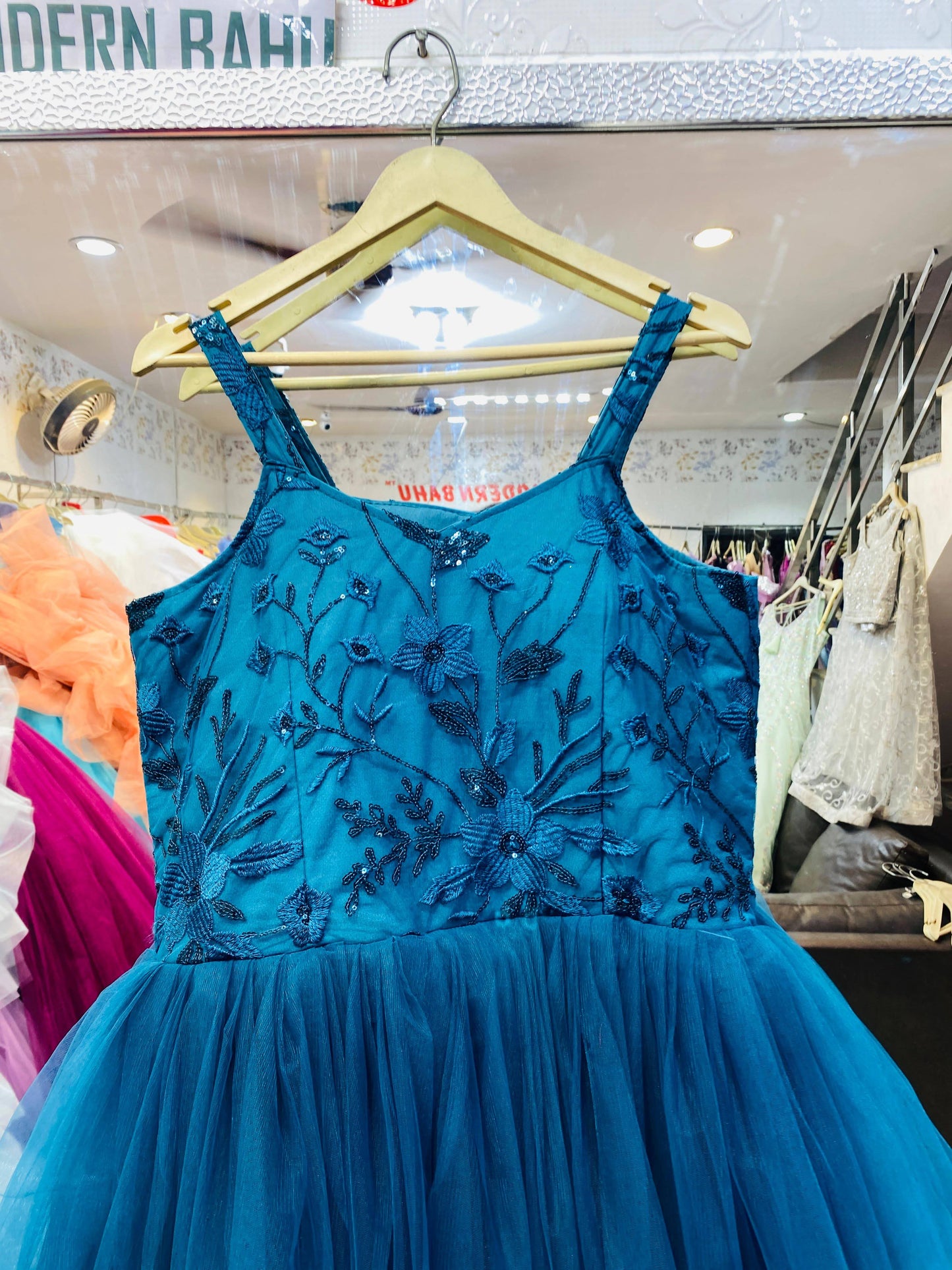 Teal Blue Floral Embroidered Tulle/Net Gown – Sleeveless Evening & Party Wear