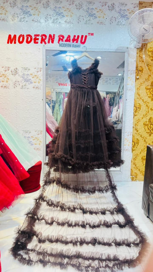 Dramatic Chocolate Brown Long Tail Ruffled Ball Gown – Party Wear