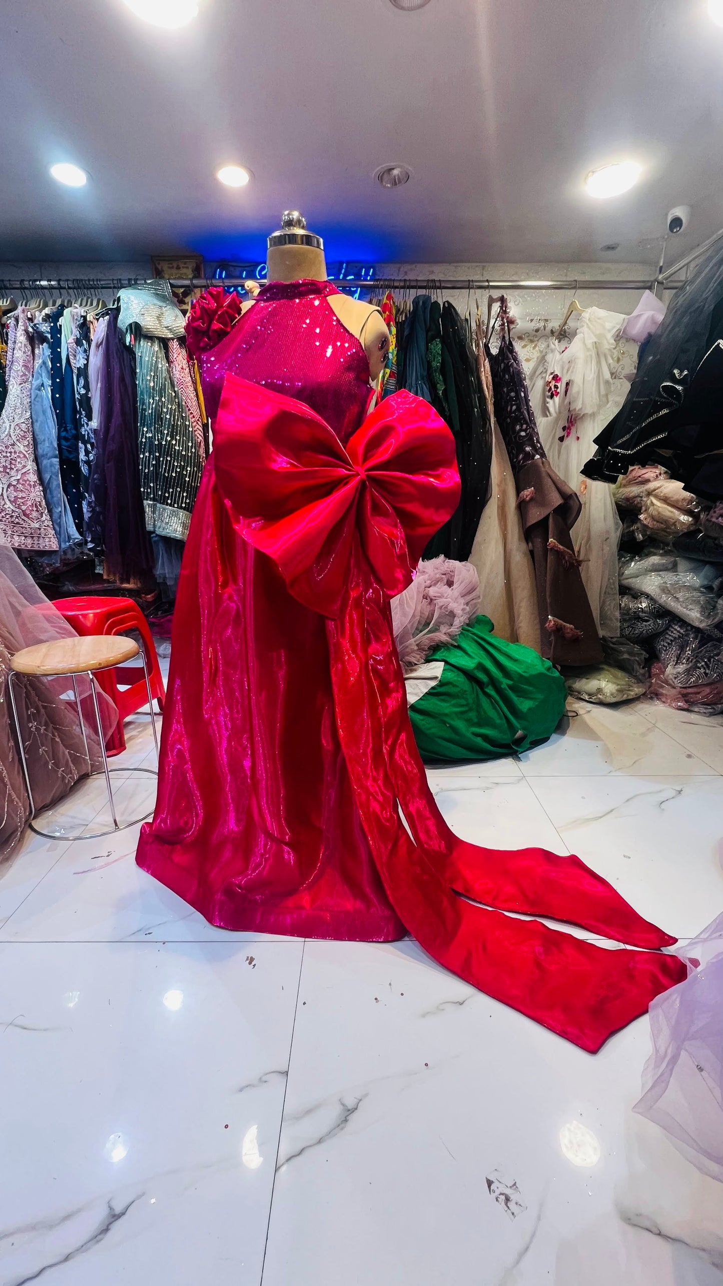 Radiant Hot Pink Sequin and Metallic Shimmer Gown with Statement Bow – Designer Evening Wear
