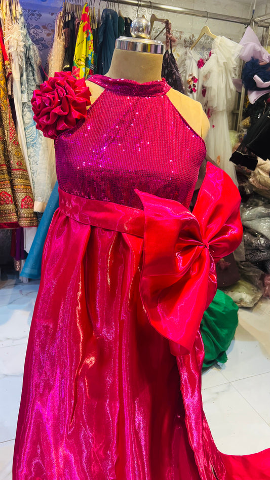 Radiant Hot Pink Sequin and Metallic Shimmer Gown with Statement Bow – Designer Evening Wear