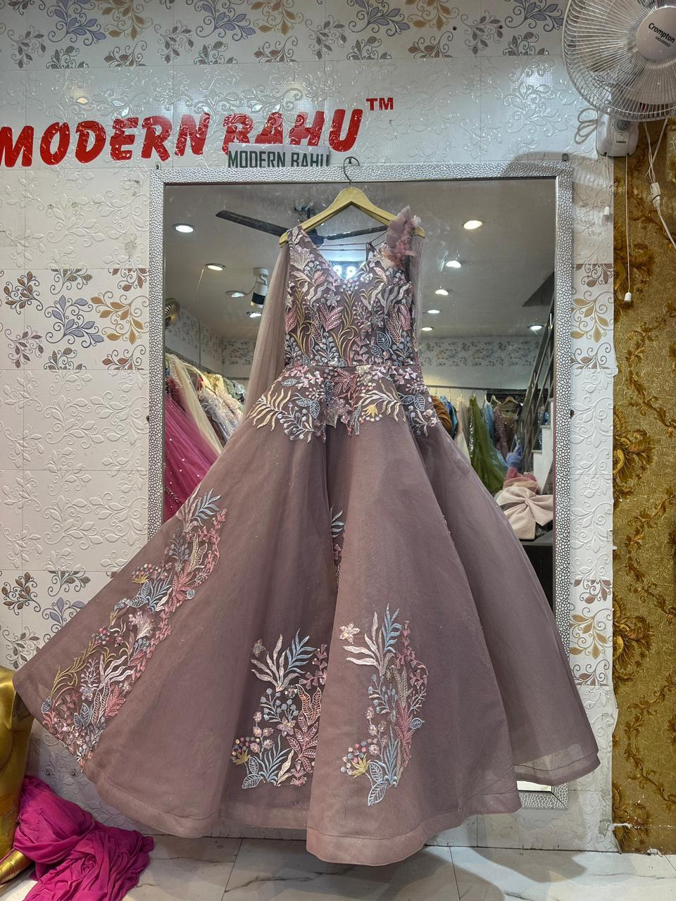 Fairytale Dusty Mauve Ball Gown with Multi-Color Floral Embroidery & Feather Shoulder Detail – Reception Wear