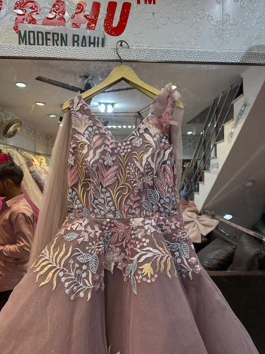 Fairytale Dusty Mauve Ball Gown with Multi-Color Floral Embroidery & Feather Shoulder Detail – Reception Wear