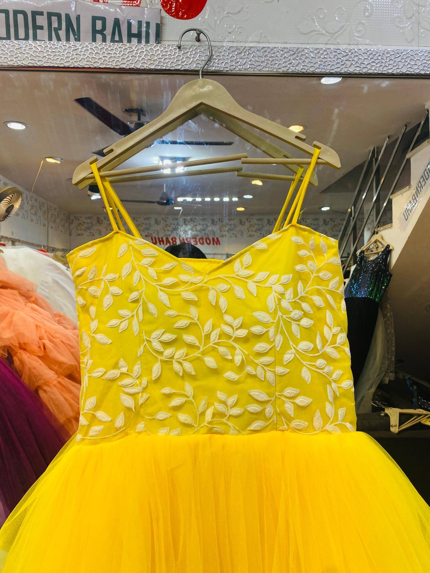 Radiant Yellow Tulle Gown with White Leaf Embroidery – Spaghetti Strap Haldi & Party Wear