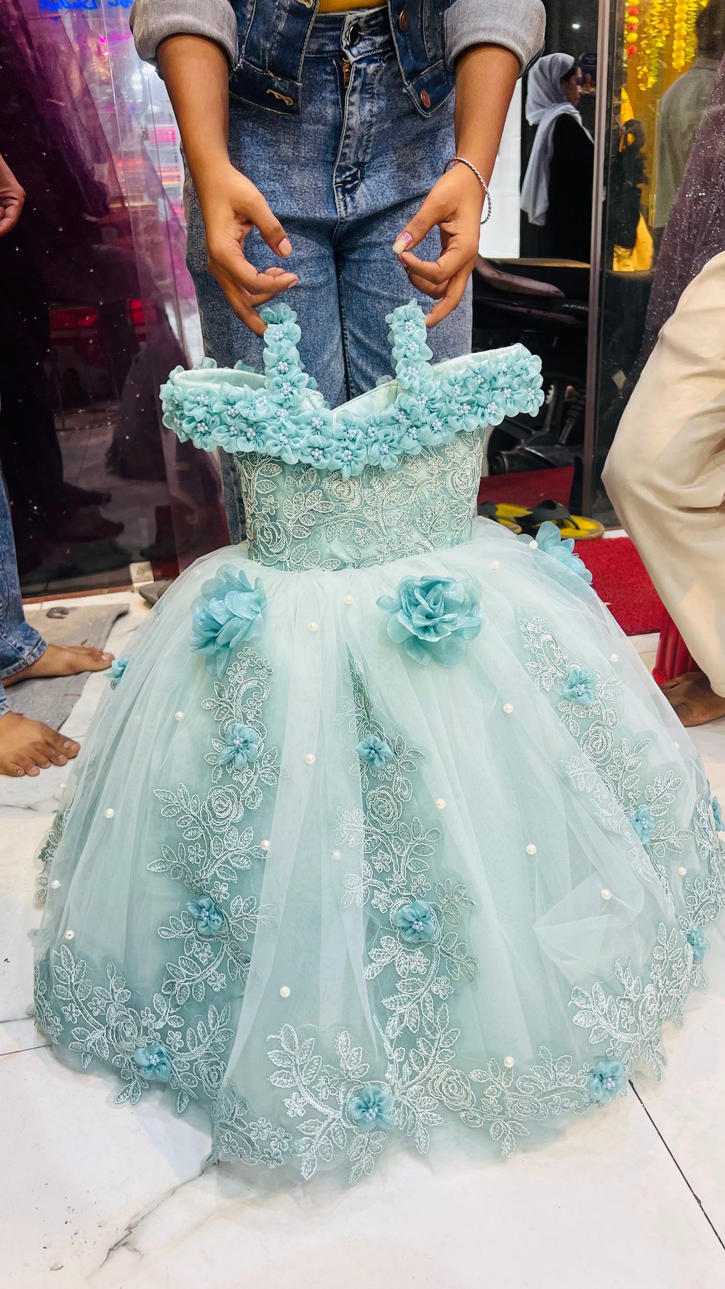 Mint Green Floral Embroidered Princess Frock – Kids Designer Party Wear Ball Gown