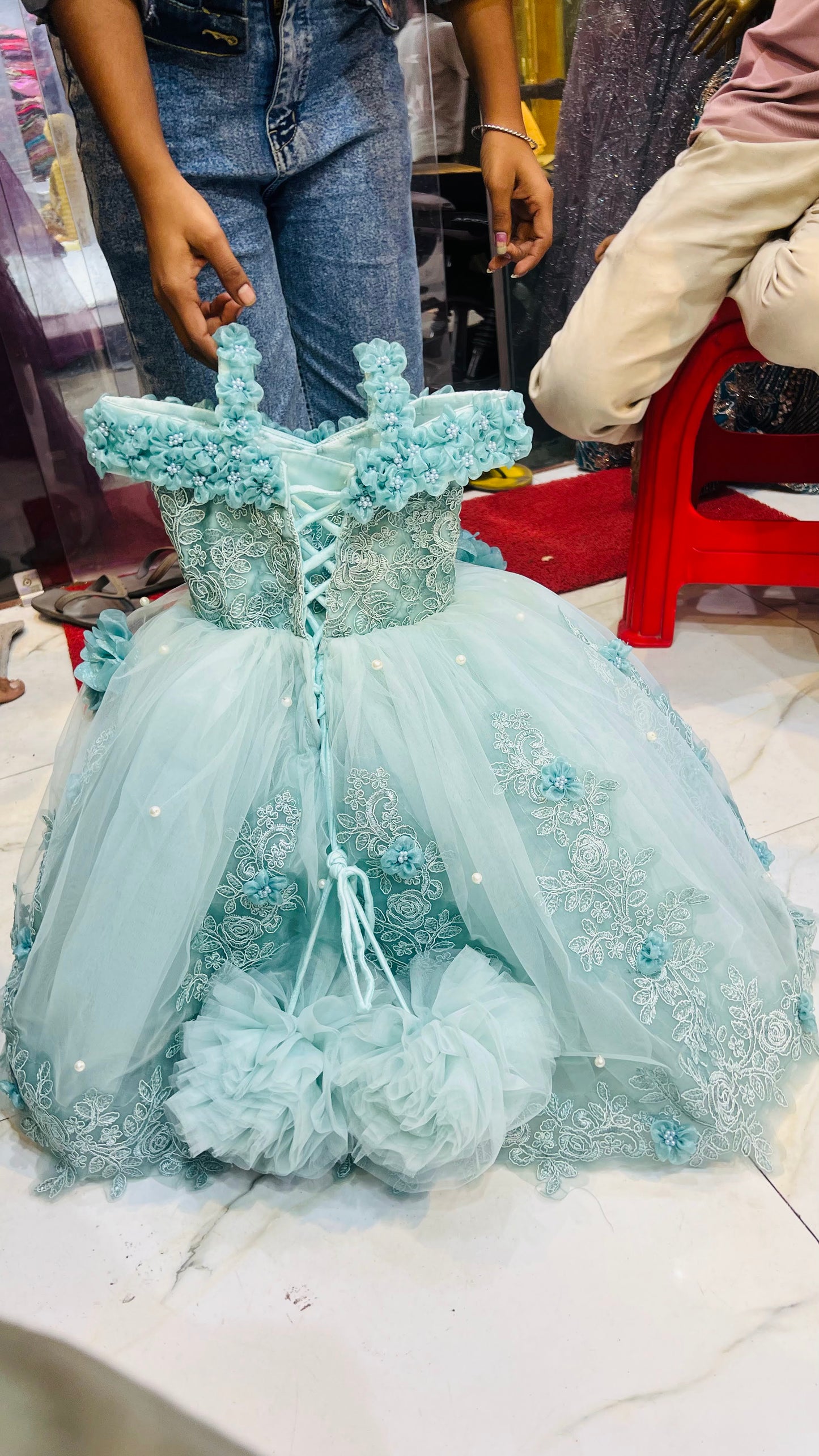 Mint Green Floral Embroidered Princess Frock – Kids Designer Party Wear Ball Gown