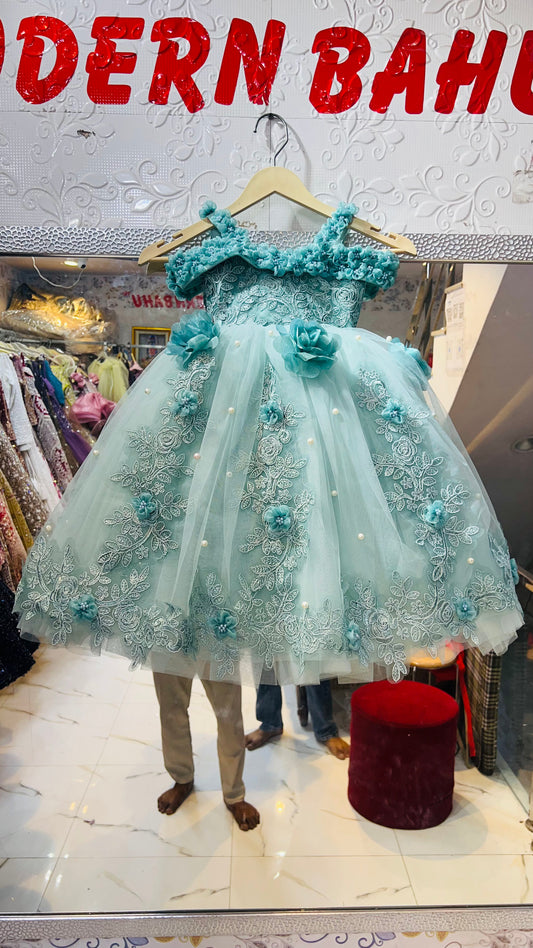 Mint Green Floral Embroidered Princess Frock – Kids Designer Party Wear Ball Gown