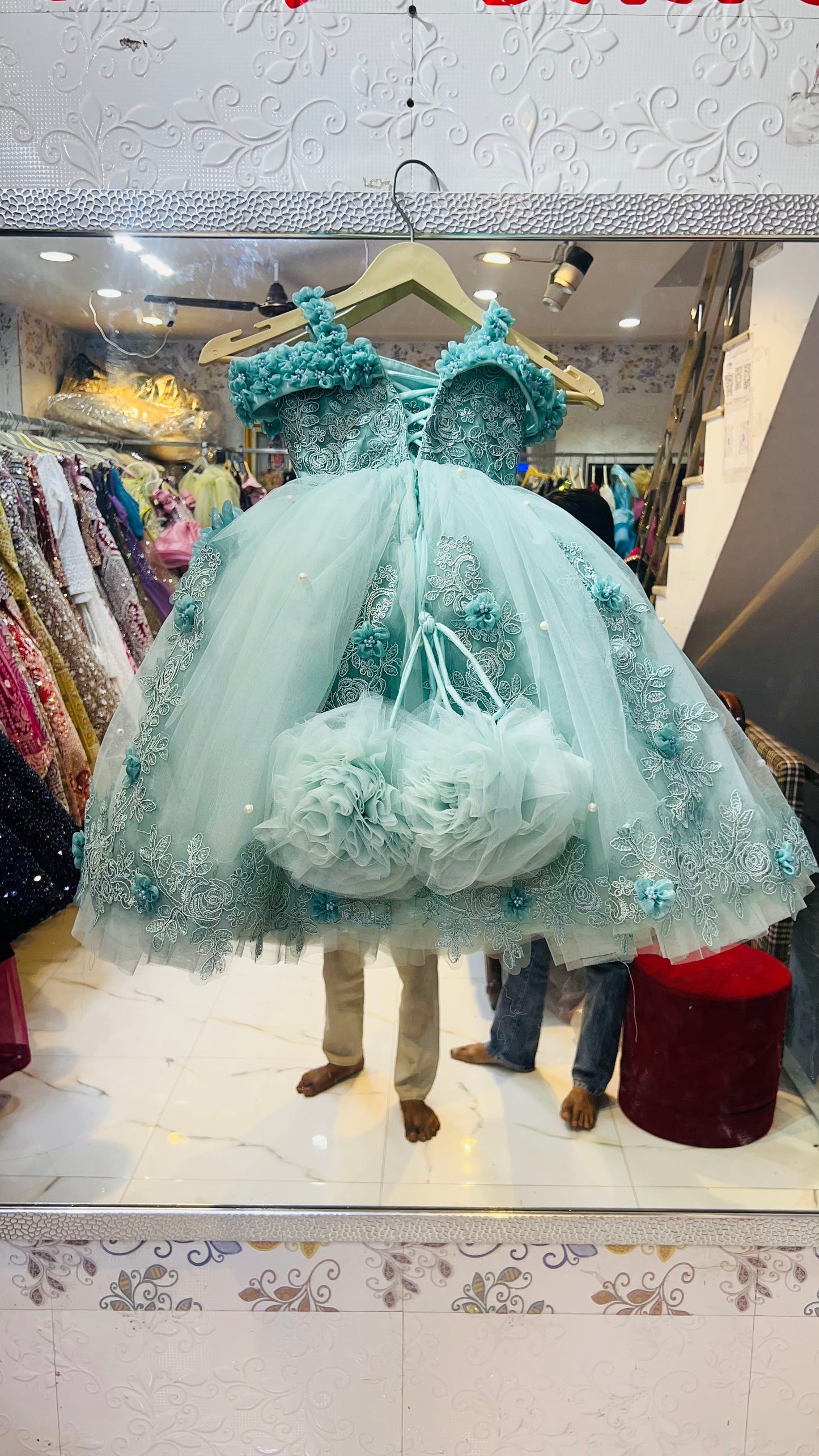Mint Green Floral Embroidered Princess Frock – Kids Designer Party Wear Ball Gown