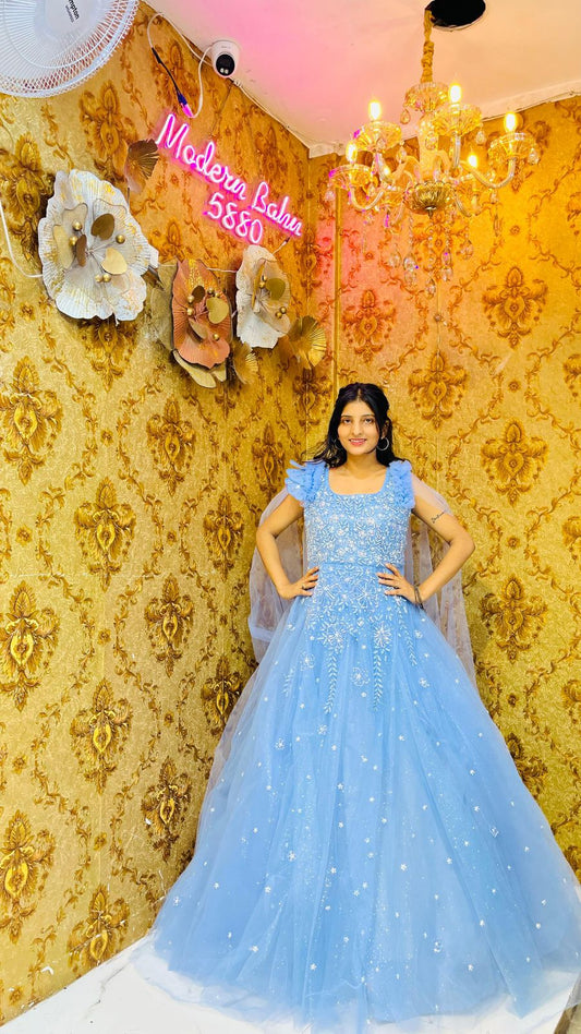 Fairytale Sky Blue Tulle Ball Gown with Ruffled Straps & Detachable Cape – Princess Engagement Dress
