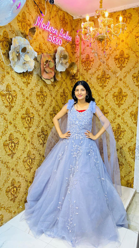 Fairytale Sky Blue Tulle Ball Gown with Ruffled Straps & Attached Cape Wings – Princess Engagement Dress