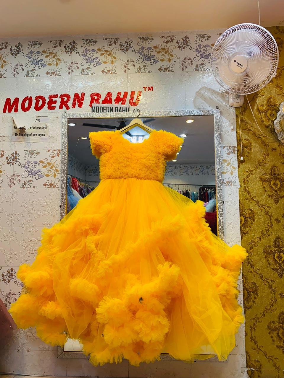 Sunshine Yellow Cloud Ruffled Ball Gown with 3D Texture – Haldi & Party Wear