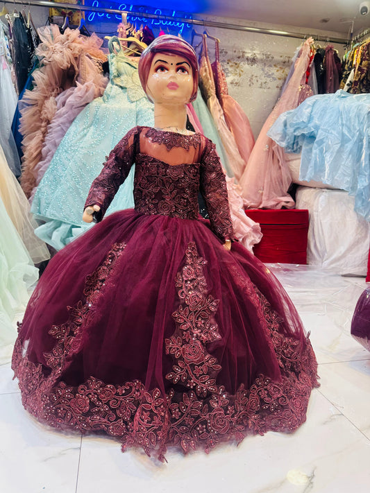 Wine Red Long Tail Ball Gown – Sequin Embroidered Designer Wedding Dress