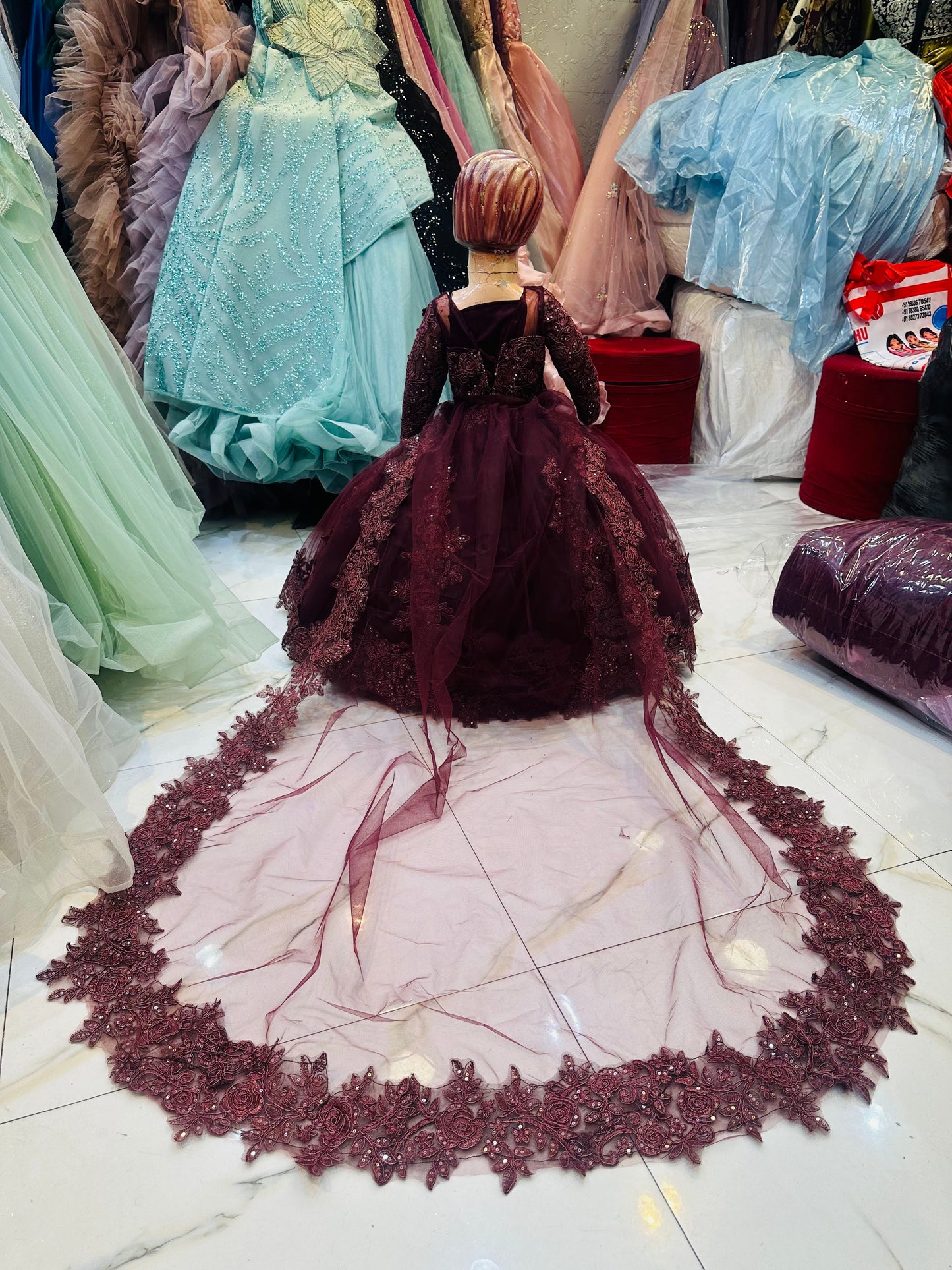 Wine Red Long Tail Ball Gown – Sequin Embroidered Designer Wedding Dress