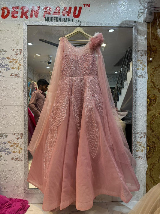 Radiant Dusty Pink Shimmer Gown with Cape Sleeves & 3D Shoulder Flower – Cocktail & Reception Wear