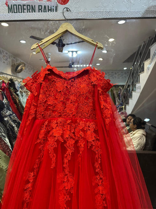 Radiant Red Net Gown with Heavy Floral Embroidery & Floor-Length Cape Sleeves – Cocktail & Party Wear