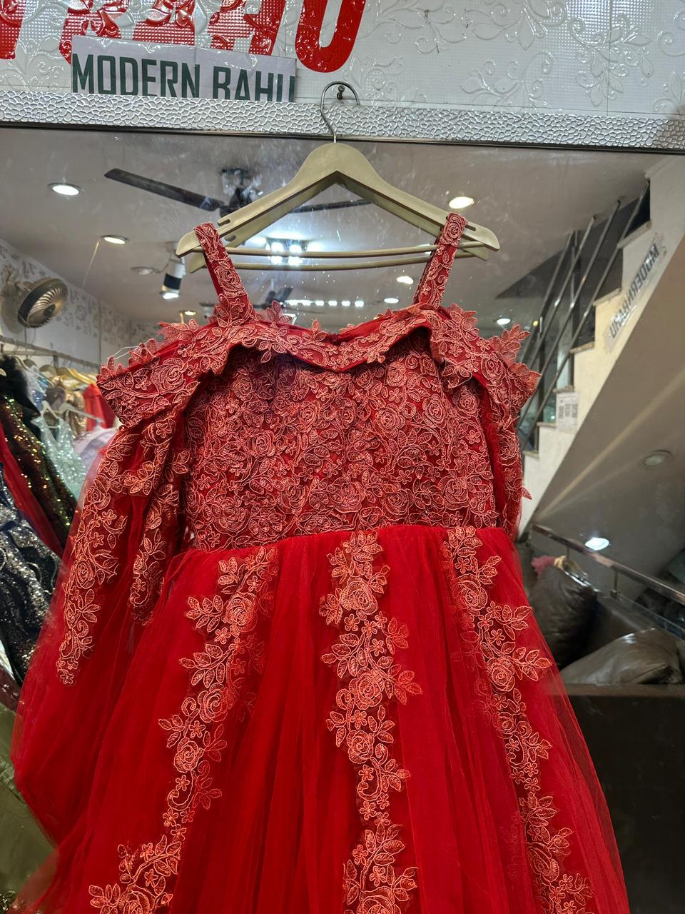 Luxury Red Cold-Shoulder Net Ball Gown with Floral Lace Embroidery - Designer Party Wear