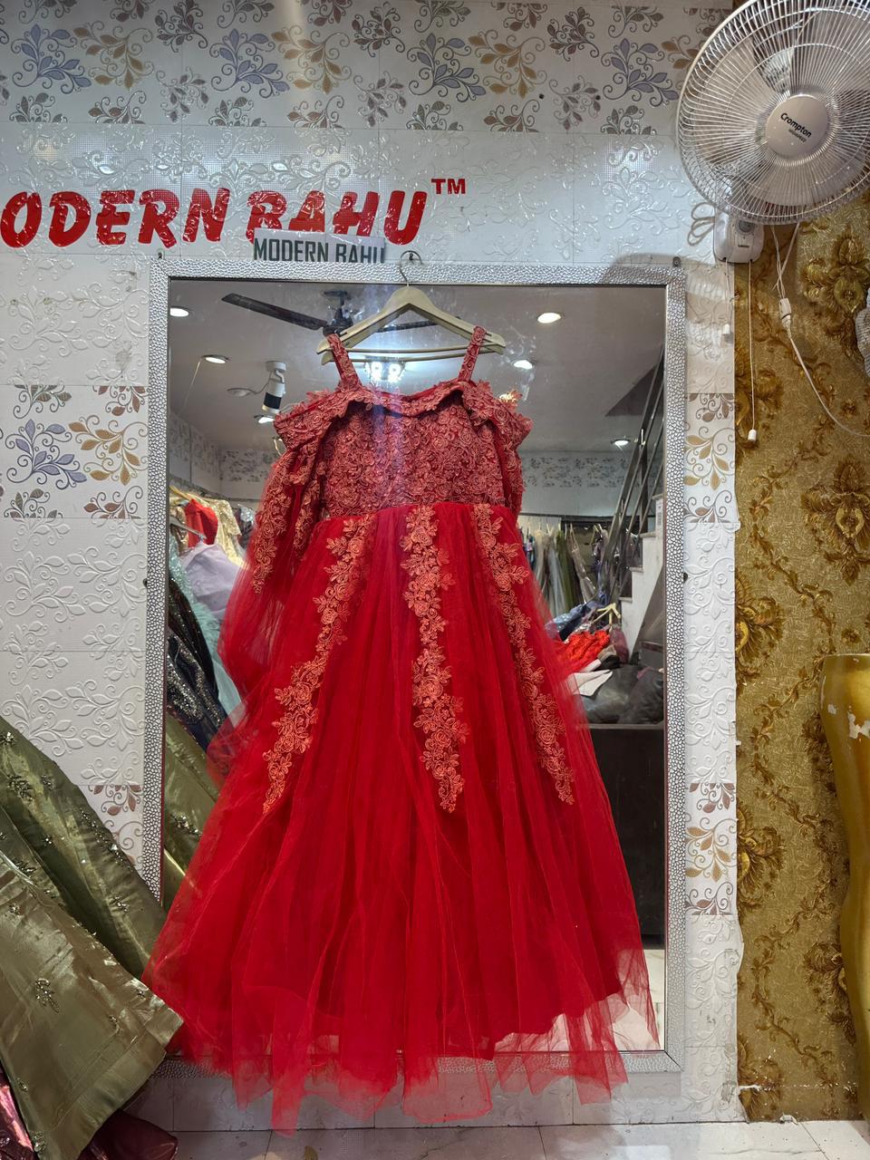 Luxury Red Cold-Shoulder Net Ball Gown with Floral Lace Embroidery - Designer Party Wear
