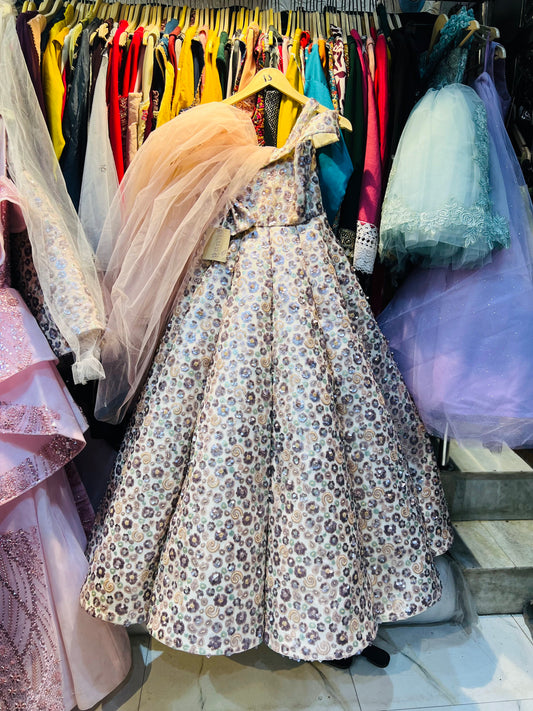 Multicolour Floral Sequin Embroidered Off-Shoulder Ball Gown – Designer Party Wear Dress