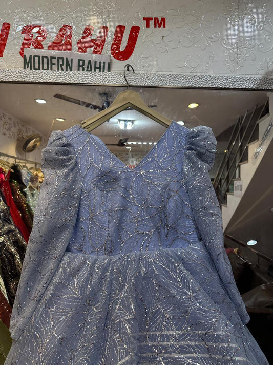 Periwinkle Blue Sparkly High-Low Ball Gown – Glitter Tulle V-Neck Party Dress with Puff Sleeves