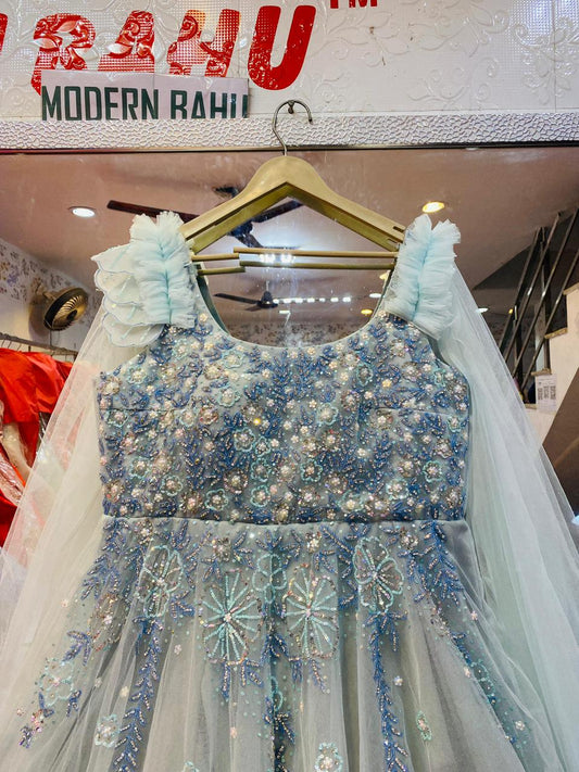 Ice Blue Pearl & Sequin Embroidered Ball Gown – Ruffled Shoulder Cape Sleeve Party Dress