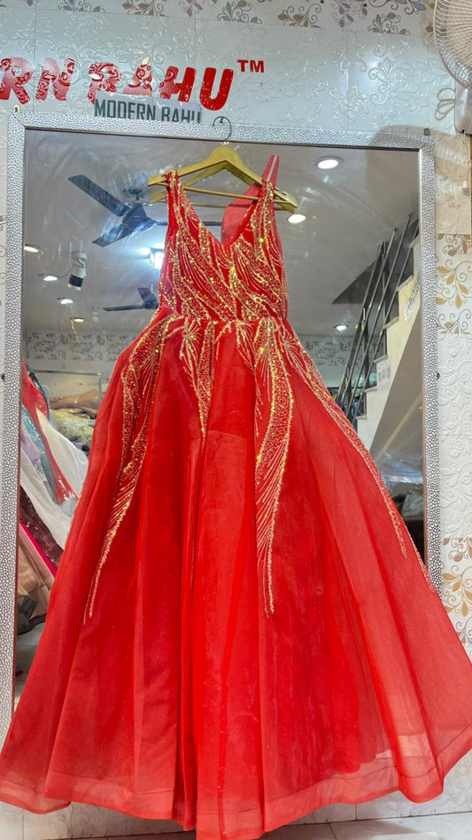 Radiant Red Sequin Embellished Net Ball Gown | Sleeveless V-Neck Party Wear Evening Dress