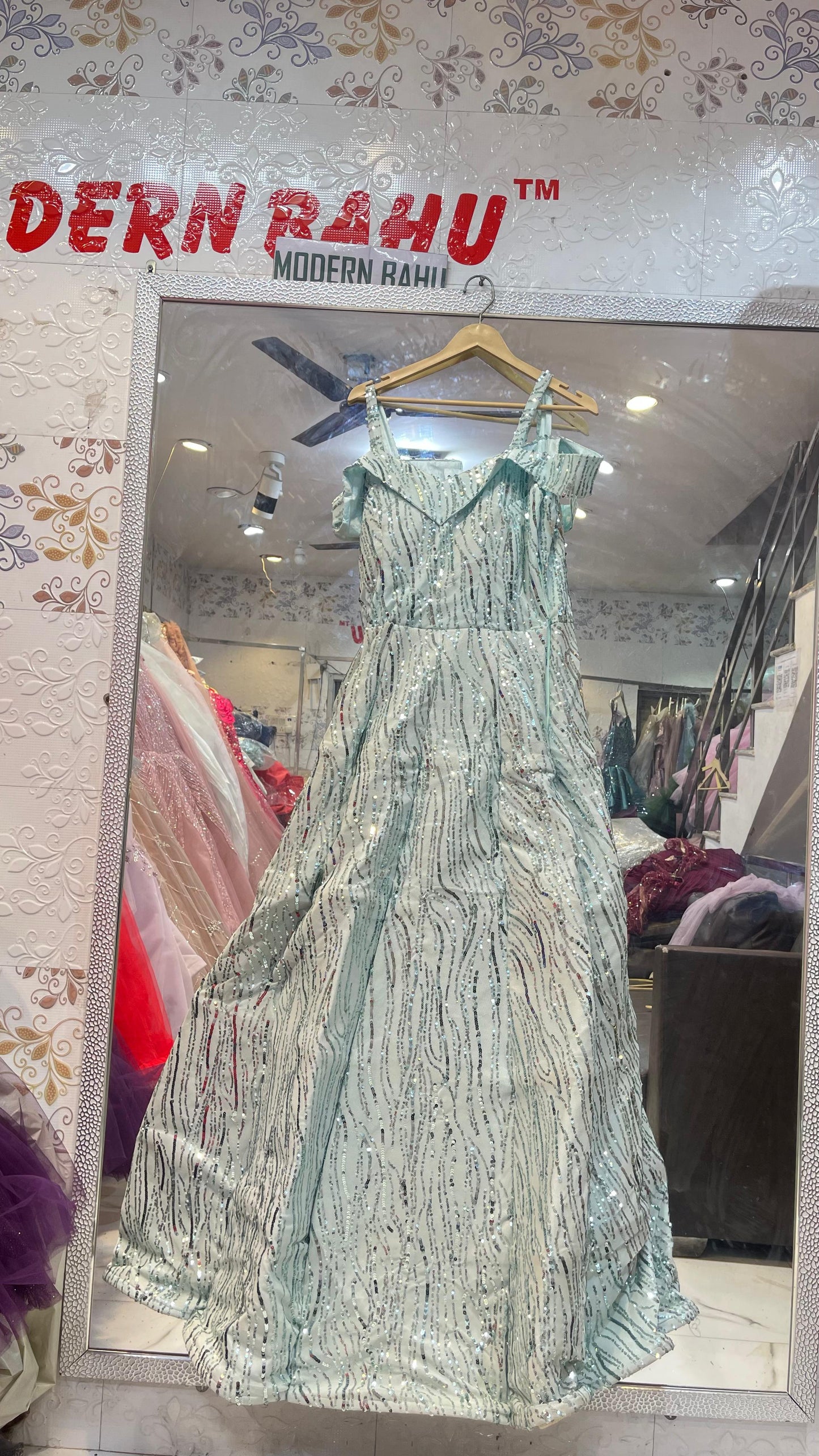 Ice Blue Cold-Shoulder Sequin Gown