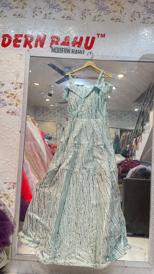 Ice Blue Cold-Shoulder Sequin Gown