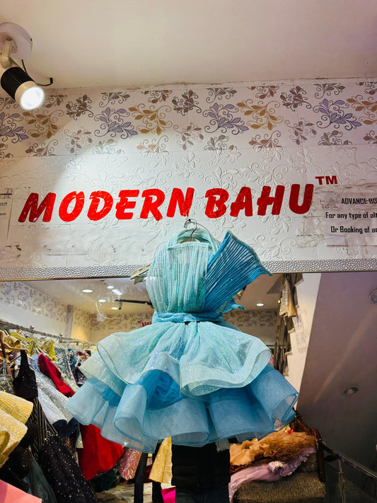 Sparkling Aqua Blue Kids Party Frock with Sculptural Pleated Wing – Birthday Wear