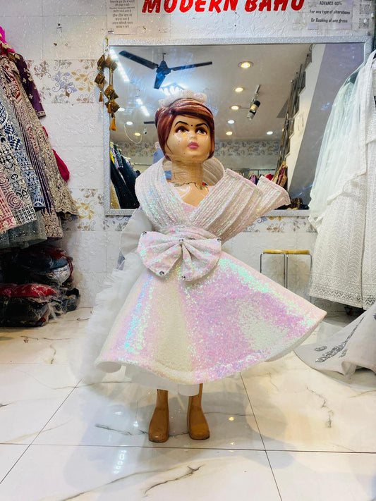 Sparkling Holographic White Sequin Girls' Frock – Luxury Birthday Party Gown with Dramatic Ruffles & Bow