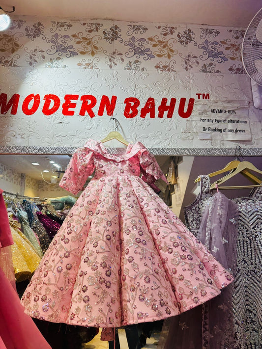 Kids Luxury Pink Sequin Embroidered Off-Shoulder Ball Gown | Floral Party Wear Princess Dress