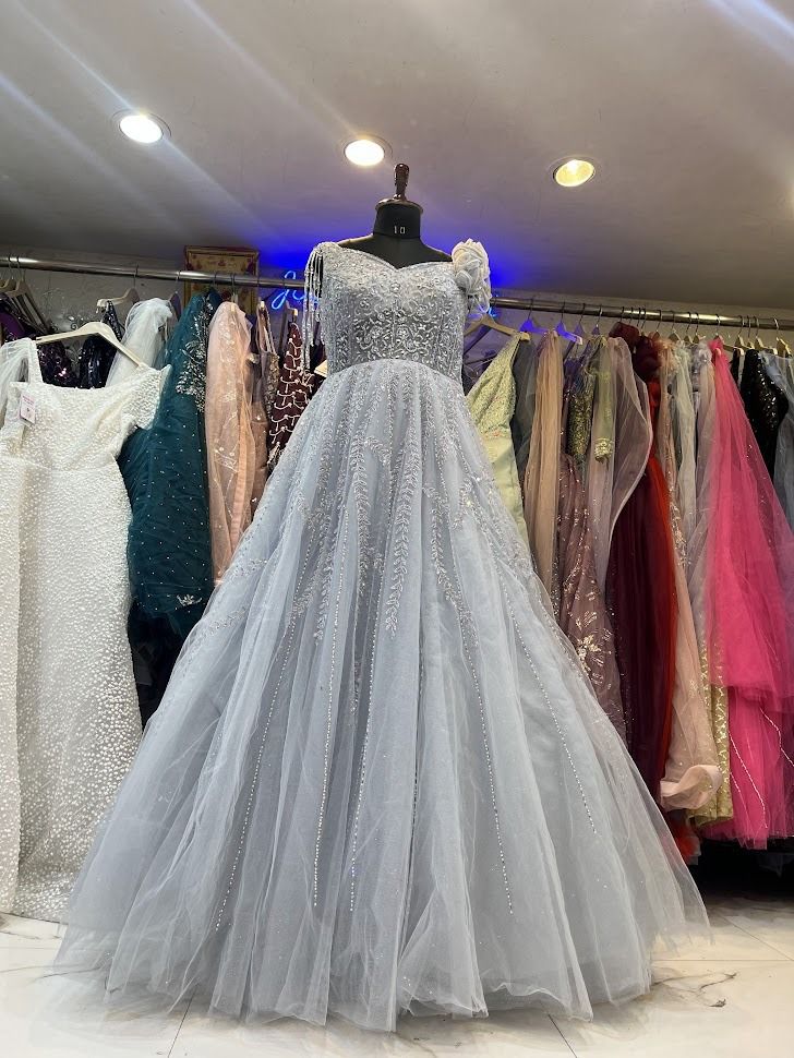 Designer Silver Grey Heavy Embellished Net Gown with Beaded Tassels for Reception & Cocktail Party