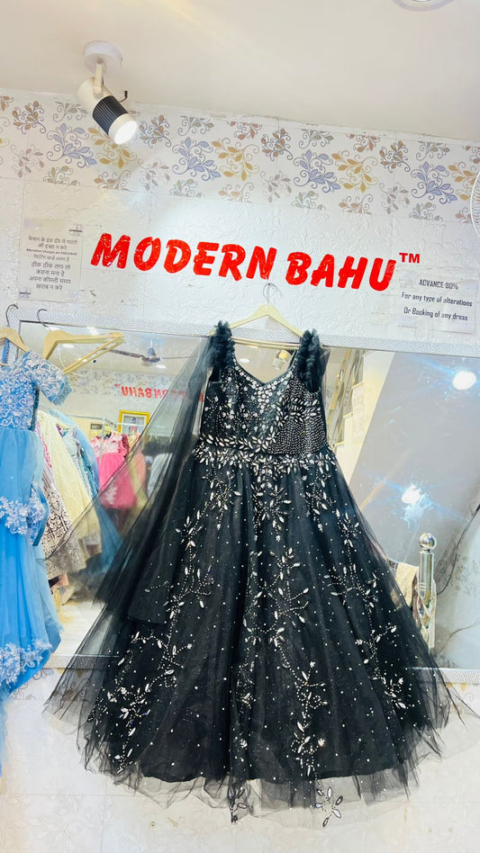 Black Crystal & Sequin Embroidered Ball Gown – Ruffled Shoulder Evening Party Dress with Sheer Drape