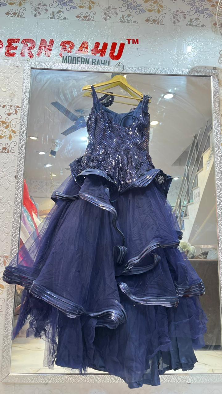 Midnight Blue Tiered Ruffle Ball Gown | Sequin Embellished Sleeveless Evening Dress