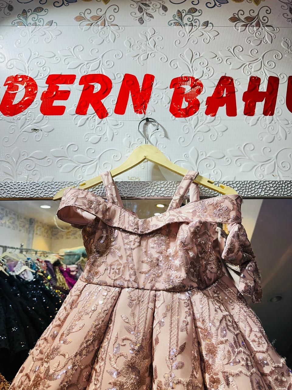 Kids Luxury Dusty Pink & Rose Gold Sequin Ball Gown | Geometric Embroidered Off-Shoulder Princess Dress with Corset Back